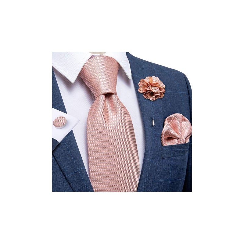 DiBanGu Silk Ties for Men Necktie and Lapel Pin Brooch Set Formal Woven Paisley Plaid Striped Solid Tie Wedding Party, Blush Pink - Image 1